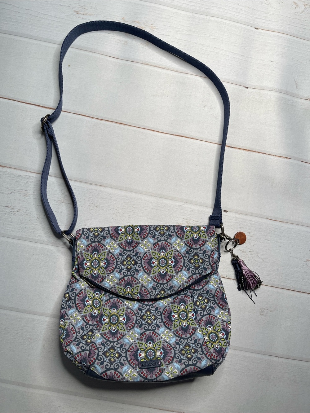 Sakroots Purse Eco Twill Foldover Crossbody Mosaic Blue Gray Plum Zip Fabric